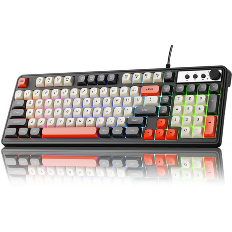 98-Key Wired Membrane Keyboard with Number Pad, RGB Backlit, 2-in-1 Control Knob, Media Buttons, Round ABS Keycaps, Adjustable Tilt