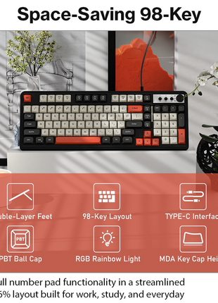 98-Key Wired Membrane Keyboard with Number Pad, RGB Backlit, 2-in-1 Control Knob, Media Buttons, Round ABS Keycaps, Adjustable Tilt