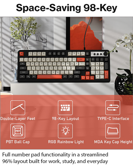 98-Key Wired Membrane Keyboard with Number Pad, RGB Backlit, 2-in-1 Control Knob, Media Buttons, Round ABS Keycaps, Adjustable Tilt