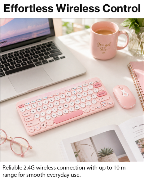 2.4G Wireless Keyboard and Mouse Combo with Numeric Keypad for Win, Mac, iOS & Android Pink
