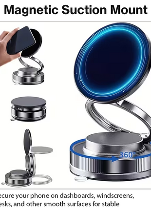 Magnetic Vacuum Suction Car Phone Mount with 360° Adjustable Dual-Axis Arm, Swivel-Lock Base for Dashboard, Windscreen, Desk & Travel