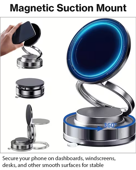 Magnetic Vacuum Suction Car Phone Mount with 360° Adjustable Dual-Axis Arm, Swivel-Lock Base for Dashboard, Windscreen, Desk & Travel