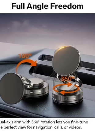 Magnetic Vacuum Suction Car Phone Mount with 360° Adjustable Dual-Axis Arm, Swivel-Lock Base for Dashboard, Windscreen, Desk & Travel