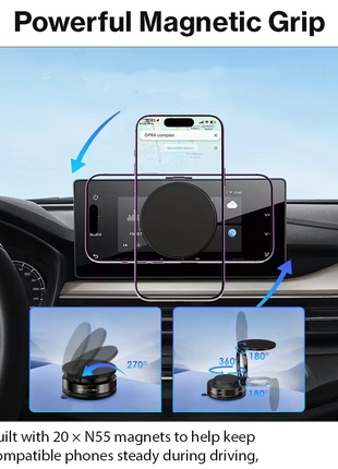 Magnetic Vacuum Suction Car Phone Mount with 360° Adjustable Dual-Axis Arm, Swivel-Lock Base for Dashboard, Windscreen, Desk & Travel
