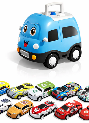 Mini Pull Back Racing Cars Set with Storage Case, 50pcs Metal and Plastic Toy Vehicles,  Push and Go Cars for Toddlers Age 1–2