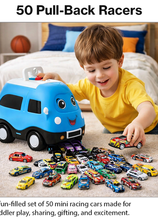 Mini Pull Back Racing Cars Set with Storage Case, 50pcs Metal and Plastic Toy Vehicles,  Push and Go Cars for Toddlers Age 1–2