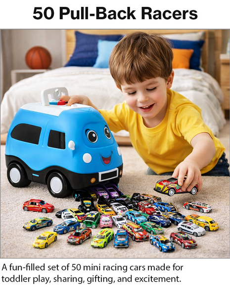 Mini Pull Back Racing Cars Set with Storage Case, 50pcs Metal and Plastic Toy Vehicles,  Push and Go Cars for Toddlers Age 1–2