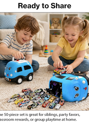 Mini Pull Back Racing Cars Set with Storage Case, 50pcs Metal and Plastic Toy Vehicles,  Push and Go Cars for Toddlers Age 1–2