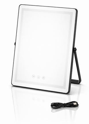 Aluminium LED Touch Control Mirror 30×25cm Plug-In Type-C 6.5W 3 Light Modes Stepless Dimming Tabletop Stand