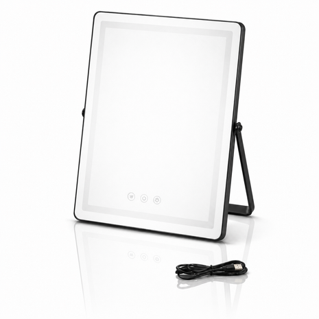 Aluminium LED Touch Control Mirror 30×25cm Plug-In Type-C 6.5W 3 Light Modes Stepless Dimming Tabletop Stand