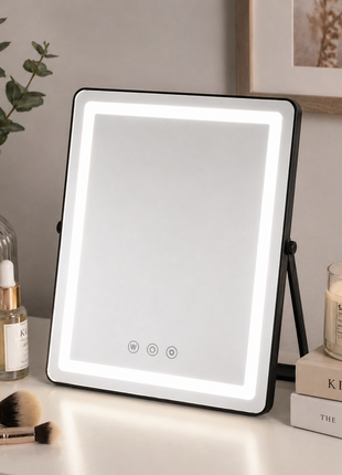Aluminium LED Touch Control Mirror 30×25cm Plug-In Type-C 6.5W 3 Light Modes Stepless Dimming Tabletop Stand