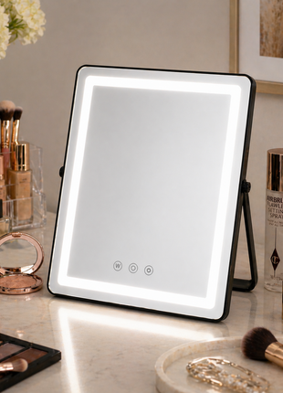 Aluminium LED Touch Control Mirror 30×25cm Plug-In Type-C 6.5W 3 Light Modes Stepless Dimming Tabletop Stand