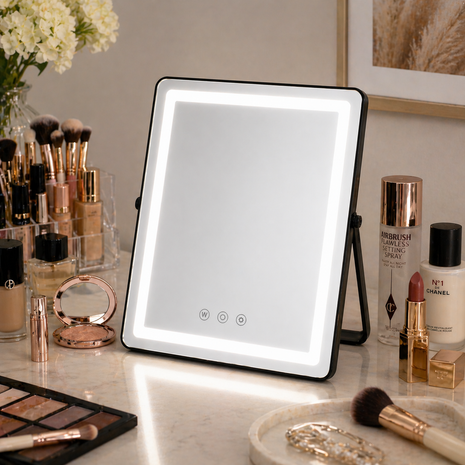 Aluminium LED Touch Control Mirror 30×25cm Plug-In Type-C 6.5W 3 Light Modes Stepless Dimming Tabletop Stand