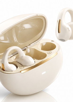 Clip-On Wireless Earbuds Open-Ear Bluetooth 5.0 with 5+25hr Battery and Panoramic Audio Beige