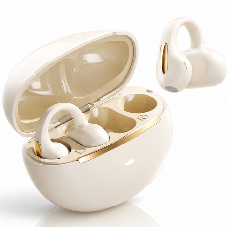 Clip-On Wireless Earbuds Open-Ear Bluetooth 5.0 with 5+25hr Battery and Panoramic Audio Beige
