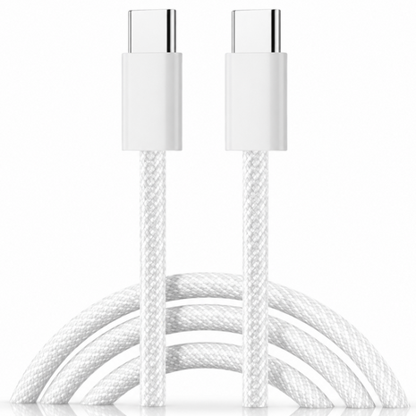 USB-C to USB-C 65W PD Fast Charging & 480Mbps Data Cable, 1m Braided Nylon, White, for Compatible USB-C Devices