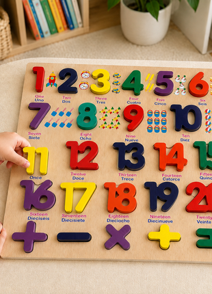 Montessori Wooden 3D Number Puzzle Board 0–9 – Early Learning Toy for Toddlers -Bilingual - English/Spanish