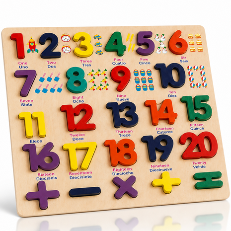 Montessori Wooden 3D Number Puzzle Board 1–20 – Early Learning Toy for Toddlers -Bilingual - English/Spanish