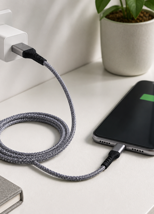 USB-A to Lightning Fast Charging & Data Sync Cable 30 cm Braided Nylon - Grey