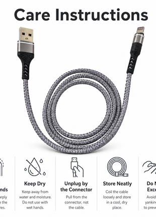 USB-A to Lightning Fast Charging & Data Sync Cable 30 cm Braided Nylon - Grey