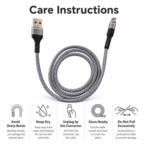 USB-A to Lightning Fast Charging & Data Sync Cable 30 cm Braided Nylon - Grey