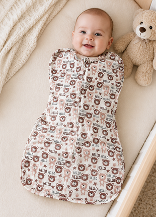 Baby Swaddle Sleep Sack with Twin Zip Closure, Functional Newborn Wrap Blanket, bear hello Print