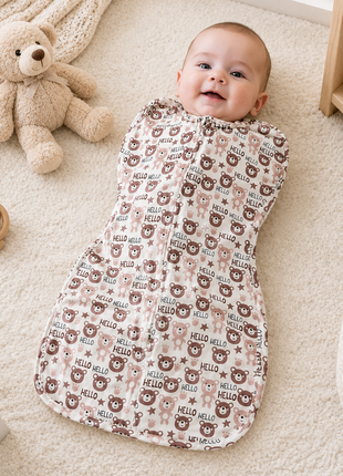 Baby Swaddle Sleep Sack with Twin Zip Closure, Functional Newborn Wrap Blanket, bear hello Print