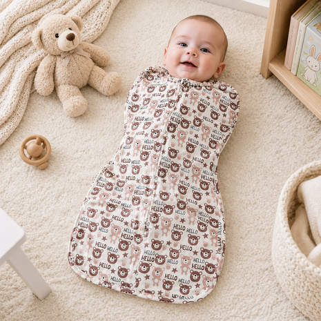 Baby Swaddle Sleep Sack with Twin Zip Closure, Functional Newborn Wrap Blanket, bear hello Print