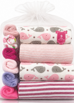 10 Piece Baby Gift Set 4 Cotton Short Sleeve Bodysuits 6 Cotton Towels with Mesh Storage Bag Pink 9 Months
