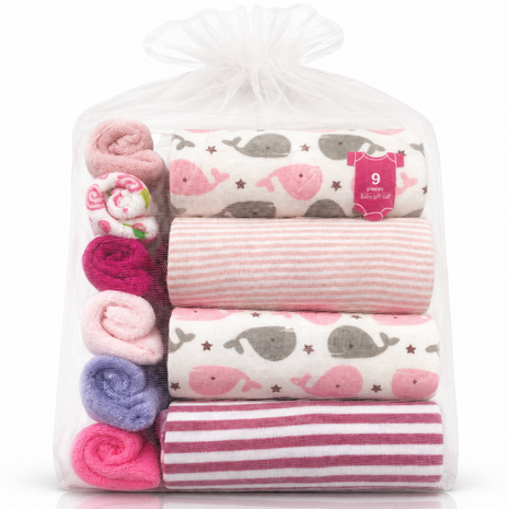 10 Piece Baby Gift Set 4 Cotton Short Sleeve Bodysuits 6 Cotton Towels with Mesh Storage Bag Pink 9 Months