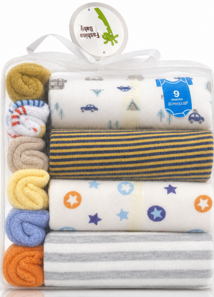 10 Piece Baby Gift Set 4 Cotton Short Sleeve Bodysuits 6 Cotton Towels with Mesh Storage Bag Pink 9 Months