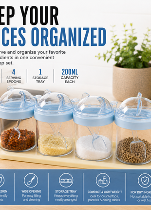 4-Piece ABS Spice Shaker Set with Spoons, 200 ml Containers & Storage Tray for Dry Ingredients