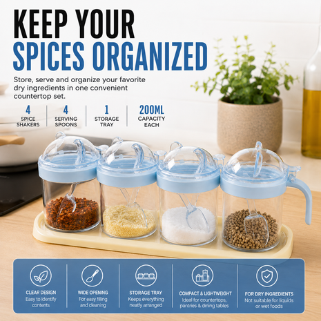 4-Piece ABS Spice Shaker Set with Spoons, 200 ml Containers & Storage Tray for Dry Ingredients