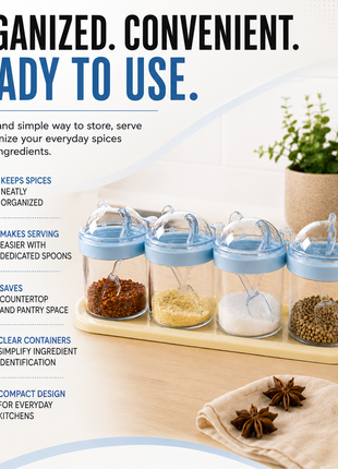 4-Piece ABS Spice Shaker Set with Spoons, 200 ml Containers & Storage Tray for Dry Ingredients
