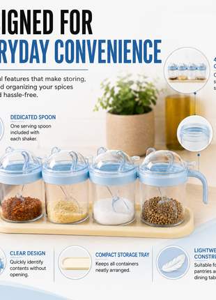 4-Piece ABS Spice Shaker Set with Spoons, 200 ml Containers & Storage Tray for Dry Ingredients