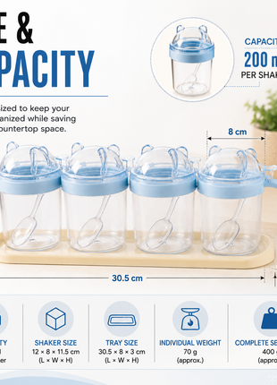 4-Piece ABS Spice Shaker Set with Spoons, 200 ml Containers & Storage Tray for Dry Ingredients