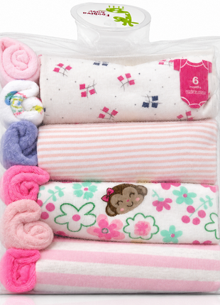 10-Piece Baby Gift Set for Girls – 4 Cotton Short Sleeve Bodysuits & 6 Cotton Towels,  6 Months