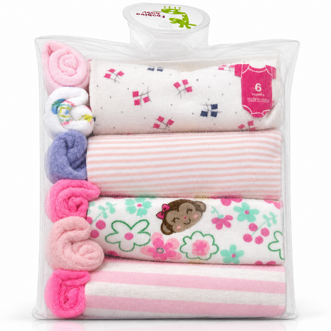 10-Piece Baby Gift Set for Girls – 4 Cotton Short Sleeve Bodysuits & 6 Cotton Towels,  6 Months