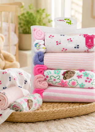 10-Piece Baby Gift Set for Girls – 4 Cotton Short Sleeve Bodysuits & 6 Cotton Towels,  6 Months