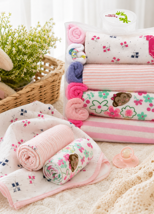 10-Piece Baby Gift Set for Girls – 4 Cotton Short Sleeve Bodysuits & 6 Cotton Towels,  6 Months
