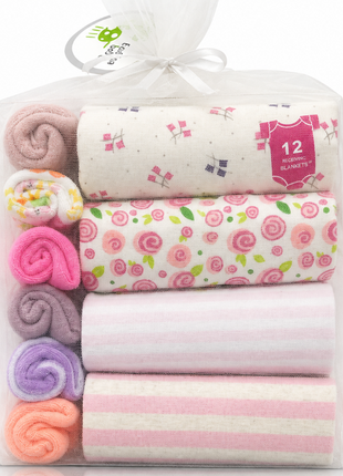 10 Piece Baby Gift Set 4 Cotton Short Sleeve Bodysuits 6 Cotton Towels with Mesh Storage Bag Pink 12 Months