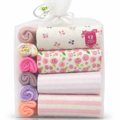 10 Piece Baby Gift Set 4 Cotton Short Sleeve Bodysuits 6 Cotton Towels with Mesh Storage Bag Pink 12 Months