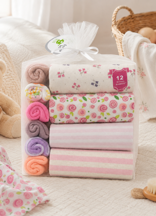 10 Piece Baby Gift Set 4 Cotton Short Sleeve Bodysuits 6 Cotton Towels with Mesh Storage Bag Pink 12 Months