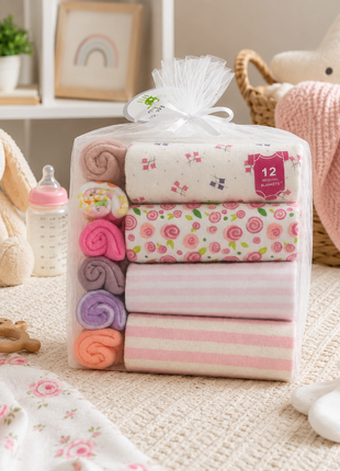 10 Piece Baby Gift Set 4 Cotton Short Sleeve Bodysuits 6 Cotton Towels with Mesh Storage Bag Pink 12 Months
