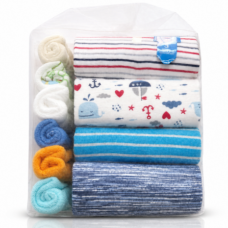 10-Piece Baby Gift Set 3 Months – 4 Cotton Short Sleeve Bodysuits & 6 Cotton Towels with Mesh Storage Bag