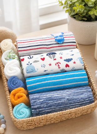 10-Piece Baby Gift Set 3 Months – 4 Cotton Short Sleeve Bodysuits & 6 Cotton Towels with Mesh Storage Bag