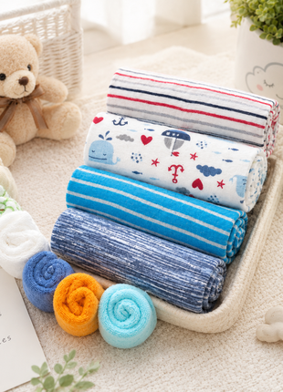10-Piece Baby Gift Set 3 Months – 4 Cotton Short Sleeve Bodysuits & 6 Cotton Towels with Mesh Storage Bag
