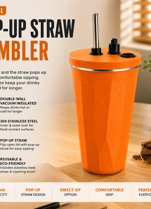 600ml Vacuum Insulated Stainless Steel Tumbler Cup with Lid & Reusable Straw-Orange