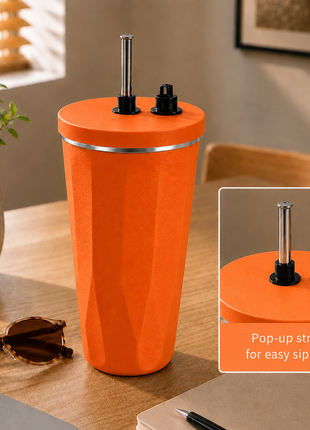 600ml Vacuum Insulated Stainless Steel Tumbler Cup with Lid & Reusable Straw-Orange
