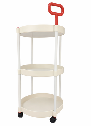3 Tier Round Storage Trolley – ABS Plastic with Wheels & Handle – Beige with Red Grip